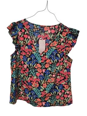 Emily Rose Black Floral V-Neck Ruffle Cap Sleeve Top - Pink, Blue, Coral, Green